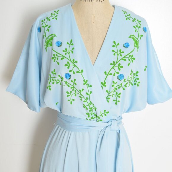 vintage 70s kimono dress blur floral print hippie boho long maxi belted L - Picture 3 of 8